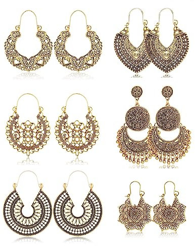 Morfetto 6 Paar Vintage böhmische Tropfen baumeln Ohrringe Boho National Style Hohles Blütenblatt Herzförmige Perlen Statement Ohrringe für Frauen Mädchen Hypoallergener Goldschmuck Gold