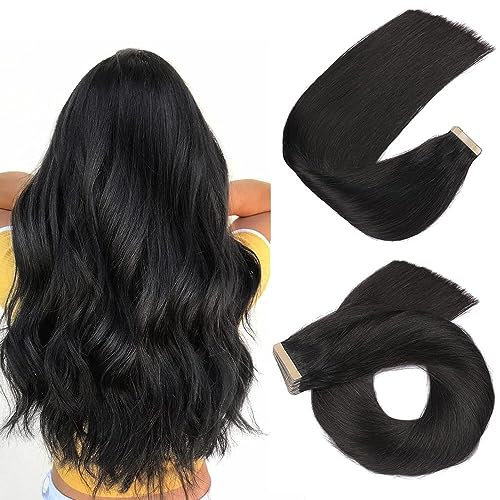 HotLulana Tape Extensions Echthaar Natürliches Schwarz Extensions Echthaar 24zoll/60cm 50g Skin Weft 100% Natürliche Tape in Extensions Echthaar 20pcs Invisible Echthaar Extensions Tape #1B.