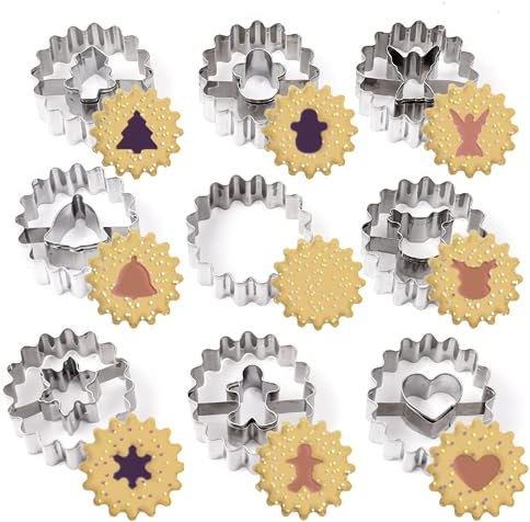 9 Pcs Mini Christmas Cookie Cutters Set,Linzer Cookie Cutters,Stainless Steel Hollow Biscuit Cutters Cookie Moulds for Party Baking DIY Fondant
