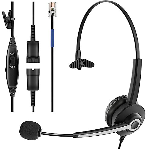 Wantek 681N Auricolare con Microfono Cancellazione del Rumore Quick Disconnect Plug Controllo del volume delle chiamate per telefoni fissi Call Center Home Office RJ9 connettore blu
