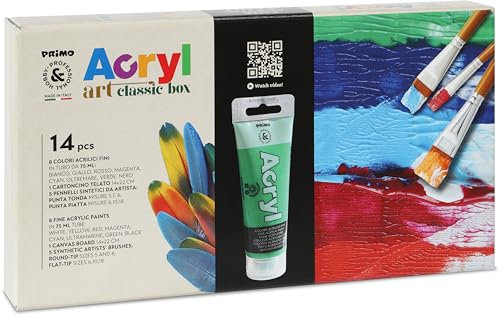 PRIMO Hobby & Professional - Professionelle Acrylfarben Set, 8 Tuben Feine Acrylfarbe 75 ml, Acrylfarben-Set zum Bemalen von Leinwänden, Stoffen und Mehr, + 5 Pinsel für Malarbeiten und Hobby