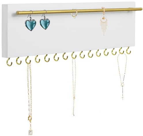 SANY DAYO HOME 15 Hooks Necklace and Earring Holder Real Wood Wall Mount 13 x 4 inches White Jewelry Organizer with Gold Metal Earring Rod for Girls, Women, Men