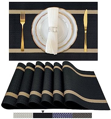 exco vip Tischsets aus Vinyl, waschbar, leicht zu reinigen, hitzebeständige PVC-Tischsets, Tischmatten für Esstisch, 45 x 30 cm, Schwarz, goldfarben