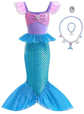 Clundoo Deguisement Sirène Fille, Robe de Princesse Costume Siren, Déguisement Ariel la Petite Sirène avec Accessoires de Sirène pour Enfant Fille, Anniversaire Fete Halloween Carnaval (140cm)