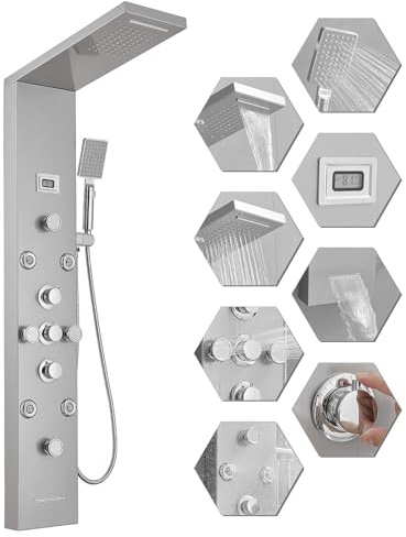 BWE Système de tour de douche avec tête de cascade et jets de massage réglables - Affichage de la température - Colonne de douche murale en acier inoxydable nickel brossé et chrome