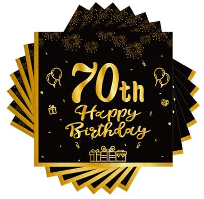 TOPWAYS 70 Geburtstagsdeko Servietten, Schwarz Gold Papier Party Servietten, Happy Birthday 70 Mann Frau Happy Birthday Servietten Decorations 60 Stück (70 geburtstag)