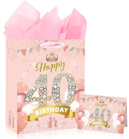 40. Geburtstag Geschenktüte Frauen Happy 40 Birthday Geburtstag Geschenktasche mit Seidenpapier Grußkarten Rosegold Papiertüten für Frauen 40 Geburtstag Geschenke Dekoration Party