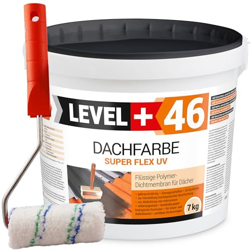 LEVEL PLUS Dachfarbe 7kg Ziegelrot, Sockelfarbe, Dachlack, Dachsanierung | Flexibler Polymermembran Wetterbeständig + Farbroller 10cm Mikrofaser mit Bügel Set RM46
