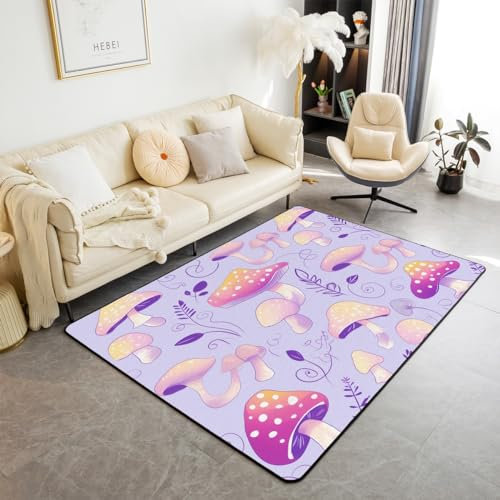 Pilz Bereich Teppich 150Bx200L,Cartoon Pilz Teppich für Kinder Jungen Mädchen,Wild Pilz Indoor Bodenmatte Schlafzimmer Dekor,Dschungel Unkraut Botanischer Dekorativer Teppich Indoor Outdoor,Lila