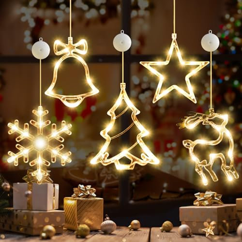 LYUBASA 5Pack Christmas Window Lights Decorations with Timer,Battery Powered Christmas Hanging Warm White Lighted Snowflake Tree Star Deer Bells Shaped LED Sucker for Xmas Fireplace Indoor Decor