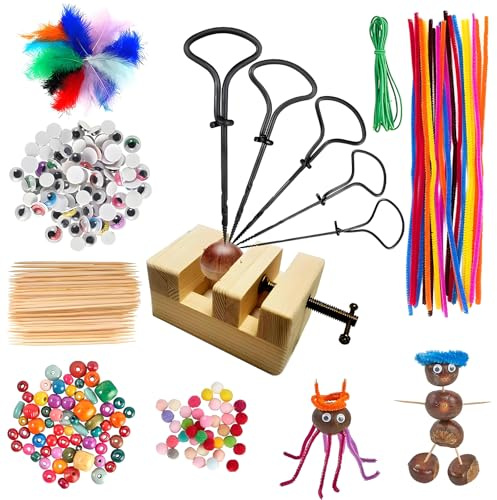 RoserRose Kastanienbohrer Set, Kastanien Bastelset Kinder, mit Kastanienhalter, kastanien bastelset kinder, mit 1,5-5mm Bohrer Kastanien, Herbst Kastanienmännchen DIY Set, Mit DIY Bastel Zubehör
