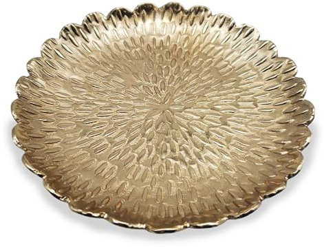 Luene Brass Circular Dish with Design – Gold Color Small Round Spoon Rest Candle Holder Soap Dish - Perfect Catchall for Wax Candles, Jewelry, Rings, and Trinkets