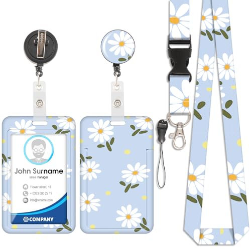 Kartenhalter mit Lanyard, ID-Badge, Kartenhalter mit Lanyard, abnehmbares Lanyard mit einziehbarem Clip für Visitenkarten, Eintrittskarten, ID-Karten, grüne Blätter und kleine Blumen