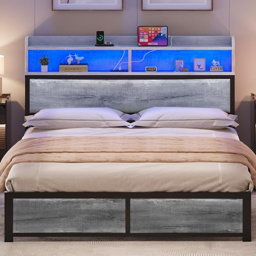 YITAHOME Bed Frame,LED with Headboard,USB Ports & Charging Outlets,Metal Platform Bed Frame with 2 Tiers Storage Shelves, No Box Spring Needed Super King Size Grey Type
