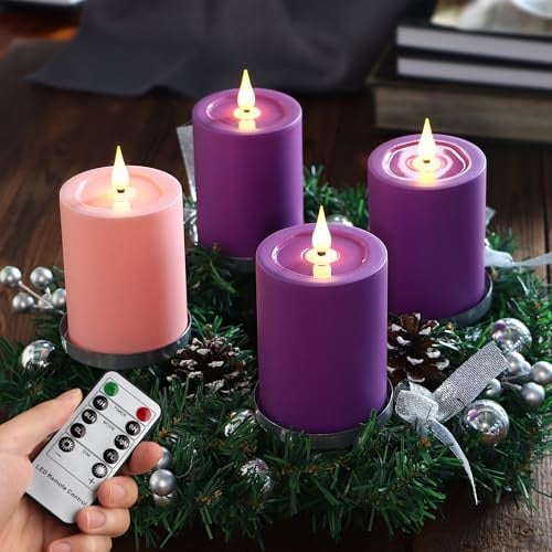 Yunsheng Flameless Advent Candles Purple and Pink, 5 Inch Battery Operated LED Pillar Candles With Remote Timer, 350+ Hours Long Lasting for Christmas Rituals and Wreath, Set of 4
