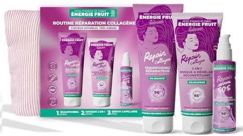 ENERGIE FRUIT - Coffret cadeaux routine capillaire cheveux abîmés - Collagène - Trio shampooing réparateur, masque reconstituant, sérum protecteur - Trousse offerte