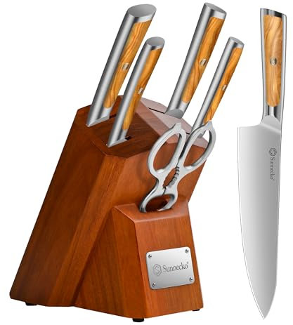 Sunnecko 6-tlg Messerset mit Messerblock –Kochmesser Set für Küche, Küchenmesser Set mit ergonomischen Griffen,scharfen Klingen, Messerblock mit Messer aus rostfreiem Edelstahl-Akazienholz-Messerblock