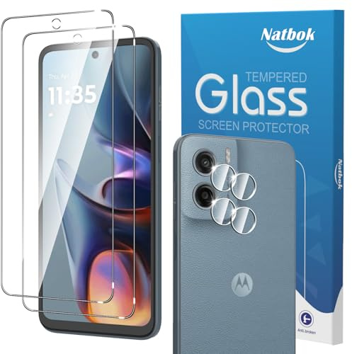Natbok 2+2 Pièces Verre Trempé pour Motorola Moto E15/G05 avec 2 Caméra Arrière Protecteur,[Sans Bulles] [Anti-Rayures] Protection d’écran pour Moto E15, HD Transparent Verre,Facile à Installer
