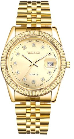 JewelryWe Herrenuhr Gold Edelstahl Uhren: Klassische Kalender Analog Quarz Armbanduhr Herren Edelstahlarmband Geschäft Lässige Uhr mit Diamantskala und Facettiert Lünette