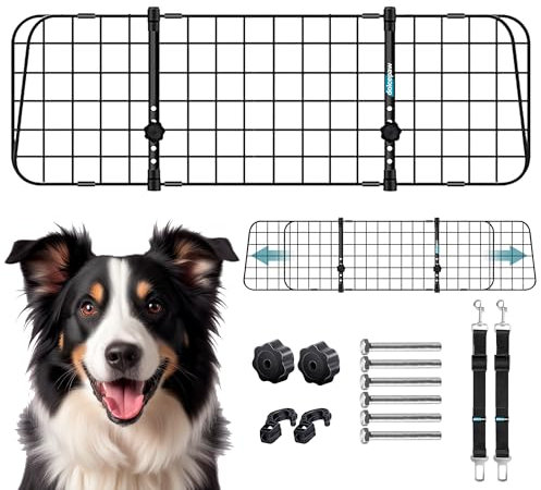 DOLCEPAW Hundegitter Auto für Kofferraum, Universal Autogitter, Kofferraum Gitter Hund, Trenngitter Kofferraum Hund, Schutzgitter mit Kopfstützen-Befestigung, Verstellbare Breite - 90-150 x 30 cm