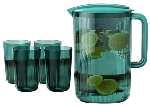 Plastikkrug, klarer Wasserkrug mit Deckel und 4 Tassen, hitzebeständiger Limonadenspender, 3L kaltes Getränkebehälter für Eistee, Saft, Milch (Grün)