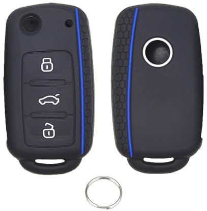 Chaexii VW Auto Schlüssel Silikon Cover,Schlüsselhülle für VW Polo Bora Beetle Golf 4 5 6 T5 Jetta Caddy Skoda Touran Passat Seat Leon ,3 Tasten Golf Schutzhülle + Schlüsselring (Blau)
