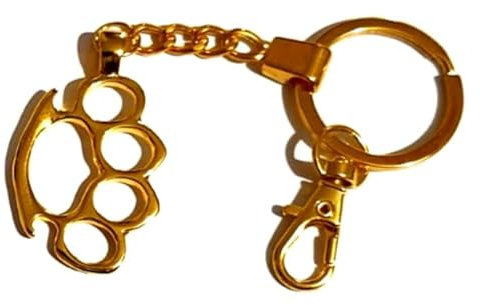 Gold Tone Steel Knuckle Duster Keychain with Chain, 45mm x 28mm, Velvet Gift Bag Included