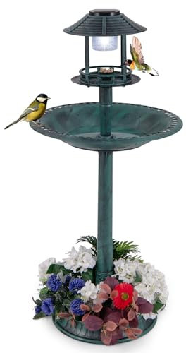GOPLUS Mangeoire Oiseaux Exterieur sur Piédestal 3 en 1 avec Lumière Solaire, Dia. 50 CM, Abreuvoir Oiseaux Exterieur avec LED, Bain d’Oiseau et Décoration Vintage pour Terrasse, Cour (Bronze Vert)