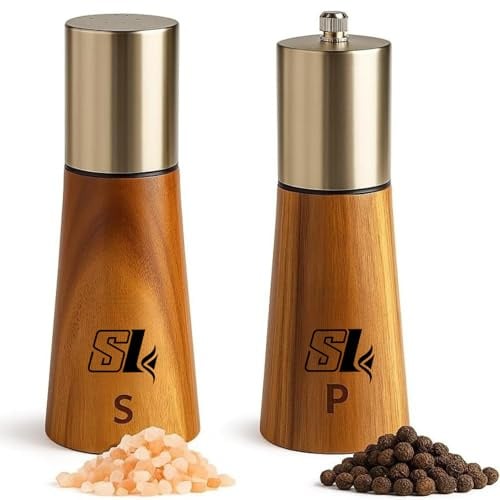 SAVOURLUXE Premium Wooden Salt Shaker and Pepper Grinder Set with Stand & Spoon – Adjustable Ceramic Mills, 7.2 inch Refillable Acacia Wood Pepper Grinder for Kitchen & Dining (Modern)