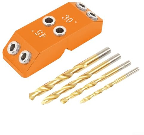 Angle Drill Guide Jig for Woodworking with 30, 45, 90 Degree Hole Templates for Pocket Hole and Straight Hole Drilling with Aluminium Alloy Drilling Block (Orange)
