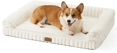 COZY KISS Orthopädisches Hundebett Grosse Hunde, 91x69x17cm Waschbar, Creme | Wasserdichtes Hundesofa mit Eierkarton-Schaum, Weichem Kunstfell & Cordbezug Hundebetten, Abnehmbar & Waschbar Hundekorb
