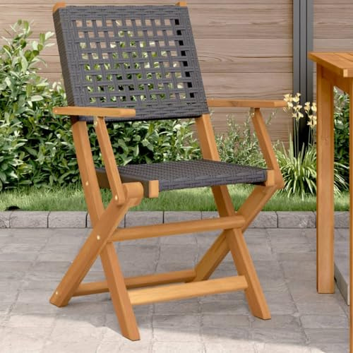 Teenpull Gartenstühle 2er Set Schwarz, Massivholz Akazie & Poly Rattan, Klappbar, 54x57x91 cm, für Garten, Terrasse, Balkon, Hohe Tragfähigkeit
