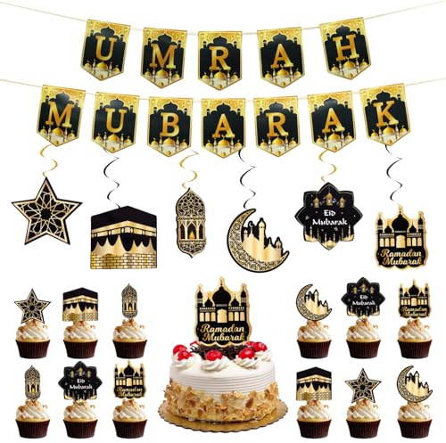 Umrah Mubarak,20 Pezzi Set Decorativo Ramadan,Striscioni, Decorazioni Per Torte, Spirali Sospese: Le Decorazioni Nere e Dorate Del Ramadan Sono Adatte Alle Feste Islamiche e Agli Eventi Musulmani