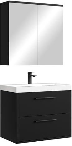 Badezimmer Badmöbel set Florence (Matt Schwarz, Set mit Spiegelschrank)