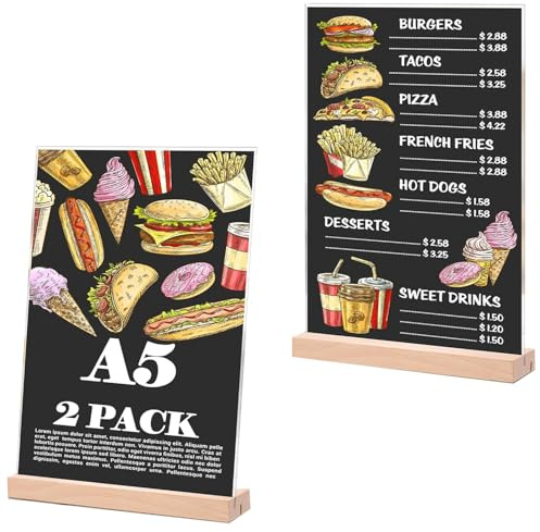 2 Pièces Présentoirs de Table en Acrylique avec Pied en Bois -A5 Présentoir Photo - Support Publicitaire Double Face pour Étiquettes de Prix, Restaurants, Cafés, Bureaux