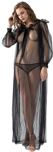 Couverture de bikini pour femme - Volants transparents - Col en V - Robe longue de plage - Été - Sexy - Bikini - Manches longues - Ourlet fendu - Robe en maille - Maillot de bain Cover Up, O Noir