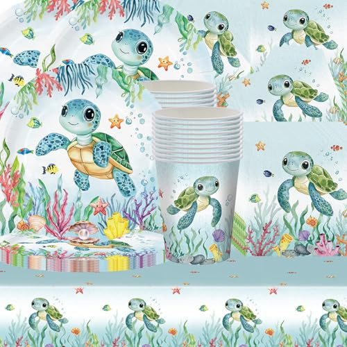 Shamoparty Set da 61 pezzi per feste con tema tartaruga oceanica, motivo marino, colorazione blu, decorazione per compleanno, tovaglia, bicchieri di carta, tovaglioli, piatti di carta, adatto per 20
