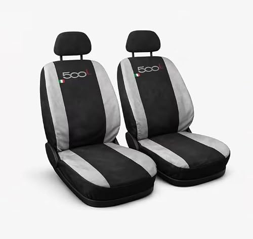 Susy Shop Coprisedili Anteriori Per 500L, Coppia Di Fodere Per Auto In Policotone con Logo Ricamato Made in Italy (Nero/Grigio Chiaro, Logo Ricamato)