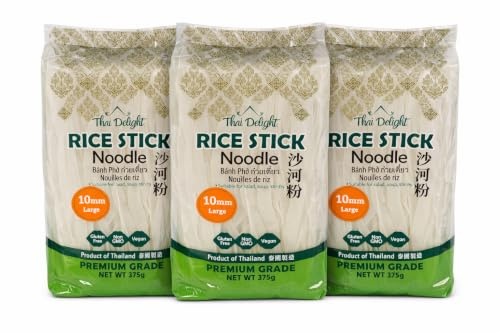 Thai Delight thick Rice Noodles Bánh Phở Vietnamese, Vegan, Small, Medium, 375gx3 Pack (Medium 5mm)