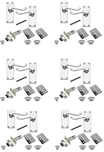 Golden Grace 6 Sets of Victorian Scroll Latch Door Handles Polished Chrome Hinges & Latches Pack Sets 120MM X 40MM