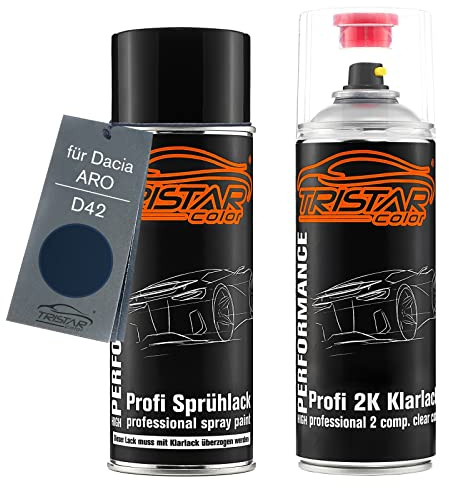 TRISTARcolor Autolack Spraydose für Dacia/ARO D42 Bleu Navy + 2K-Klarlack | Marine Blau, Set aus Basislack + 2K Klarlack, Sprühdosen 400ml