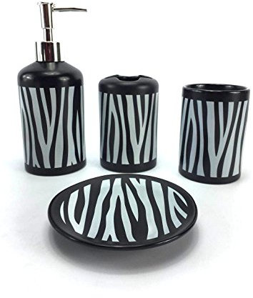 WPM 4 Piece Ceramic Bathroom Accessories Set - Zebra Print - Our Complete Bath Decor Kit Includes Designer Soap or Lotion Dispenser - Toothbrush Holder - Tumbler - Soap Dish