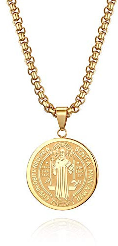Flongo Saint benedict medaille Halskette gold golden st benedikt medals Kette st. Heiliger necklace Edelstahl Anhänger Retro Medallion für Damen Herren