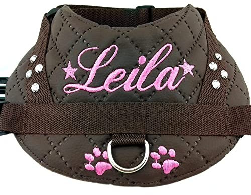 Hundegeschirr S M L XL XXL mit Wunsch Namen bestickt Kunstleder braun rosa mit Glitzer