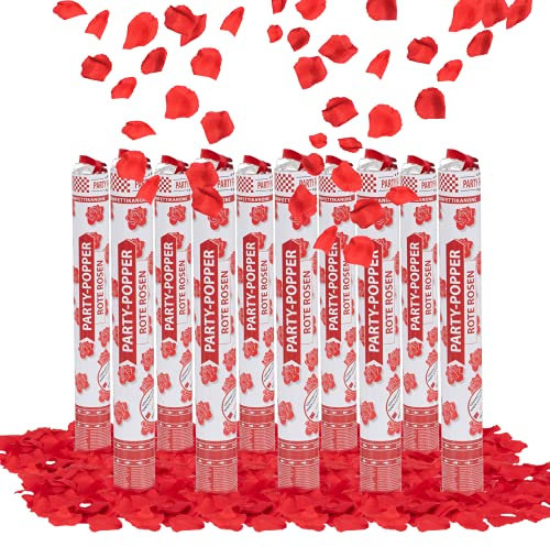 Party Factory 10er Set Party Popper, 40 cm, Rote Rosen Konfetti, bis 8 m Effekthöhe, Konfettiregen für Hochzeit, Valentinstag oder Junggesellenabschied