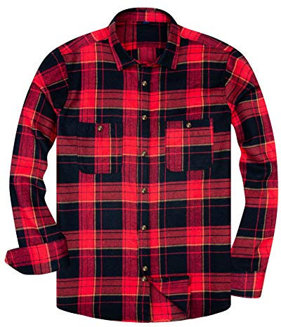 siliteelon Flannel Shirt Men Cotton Country Checked Men's Shirt Black Red Regular fit Plaid Shirt Casual Lumberjack Shirt for Men Western Work