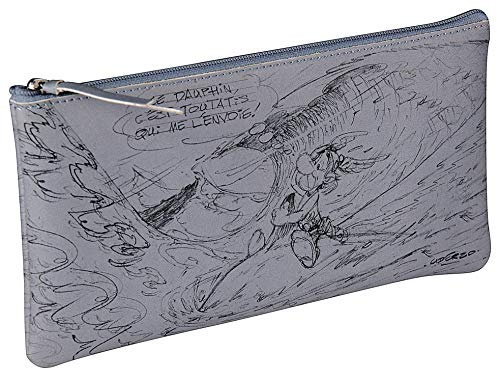 Clairefontaine 813020C - Une Trousse Scolaire Plate Multifonctions Rangement Crayons/Stylos/Feutres/Pinceaux motif ''Astérix Crayonnés'' Visuel ''Toutatis'' Couleur Gris 11 x 22 cm