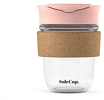 SoleCup. - Reusable Strengthened Glass Travel Cup - Spill Proof Insulated Coffee Mug - 12oz/340ml BPA-Free Hot Drink Travel Mug with Lid & Cork Band (Pink)