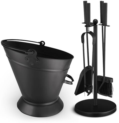 FB Funkybuys 5 Piece Fireside Companion Set for Log Burner – Traditional Black Heavy Duty Fire Poker Set for Wood Burners – Tools Set Include Coal Tongs Hearth Brush Fire Shovel Stand Ash Bucket