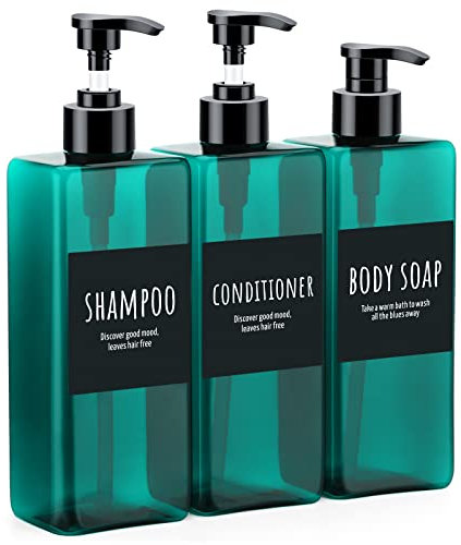 16.9oz Shampoo Conditioner Bottles, Segbeauty 3pcs 500ml Pump Press Dispenser with Labels, Empty Refillable Shampoo Body Soap Conditioner Gel Plastic Bathroom Press Lotion Containers Light Sea Green